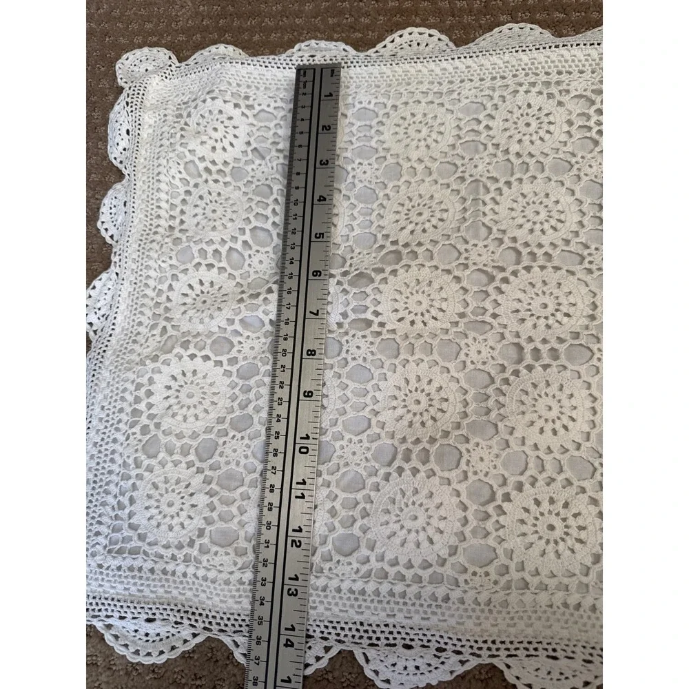 Vintage White Crochet Floral Medallion Pillow Sham Scalloped Edge 24x14